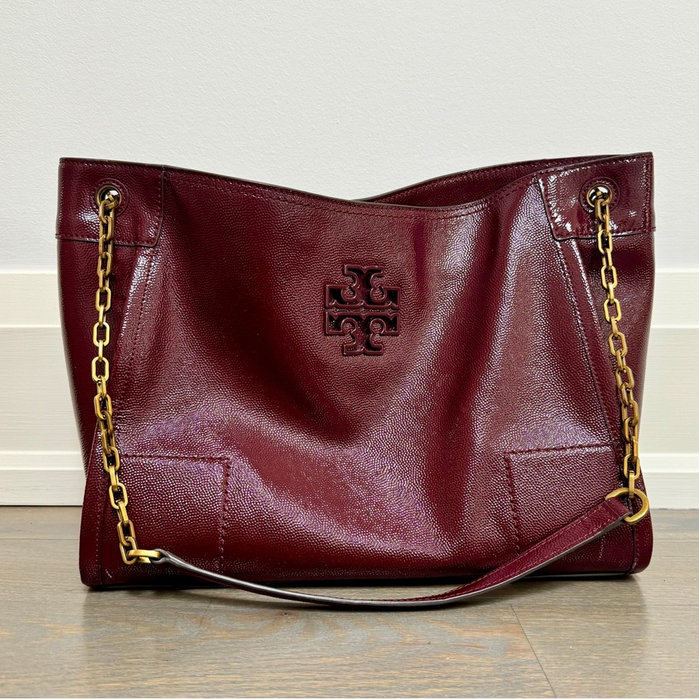 Tory Burch Britten Patent Slouchy Tote Purse in Red Agate.
